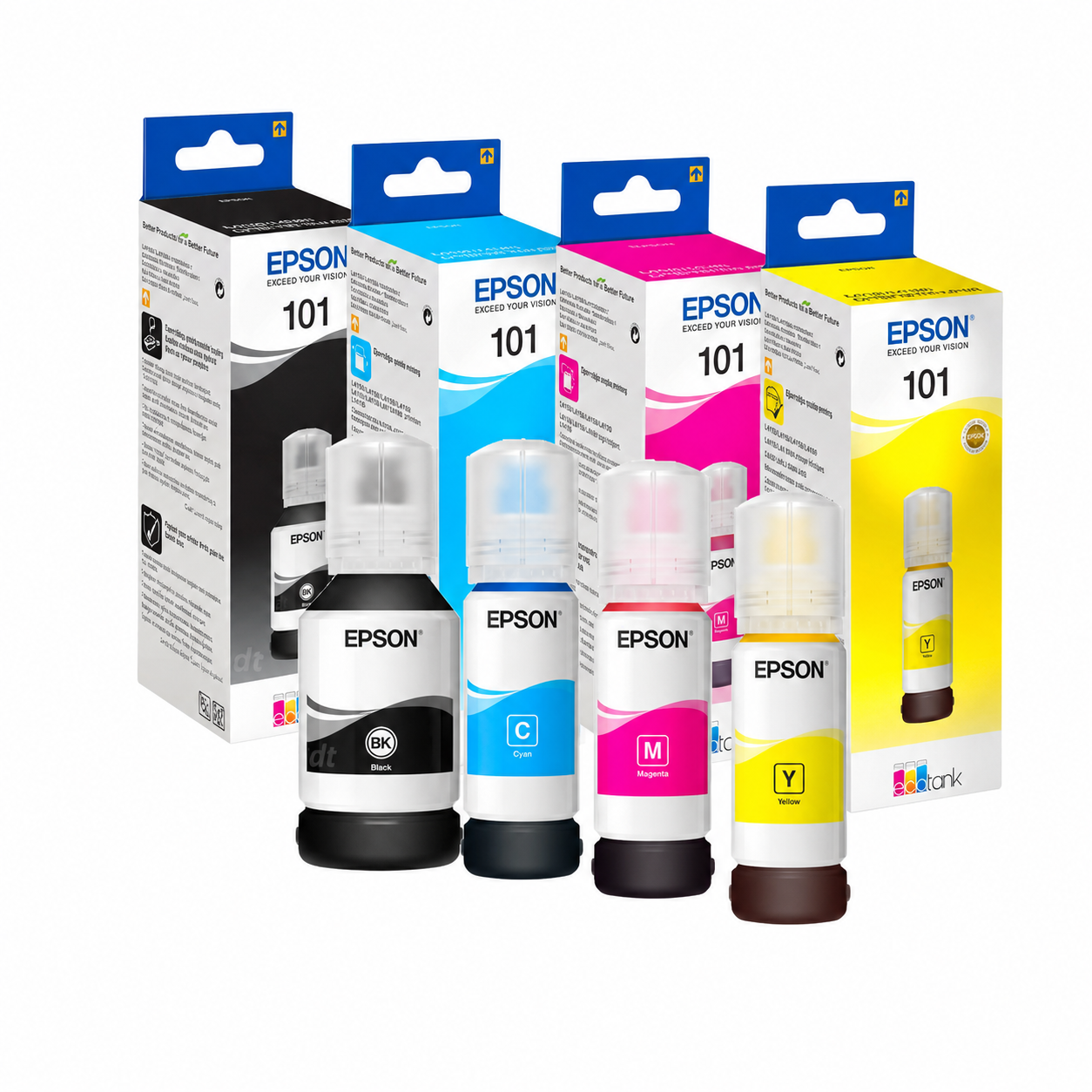 Epson 101 EcoTank ink bottle set close-up showing the C13T03V14A Black bottle and Cyan, Magenta and Yellow color labels.