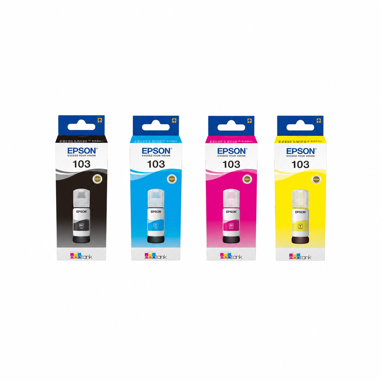Epson 103 EcoTank original 4-color ink bottle set C13T00S64A top view showing Black, Cyan, Magenta and Yellow refill bottles.