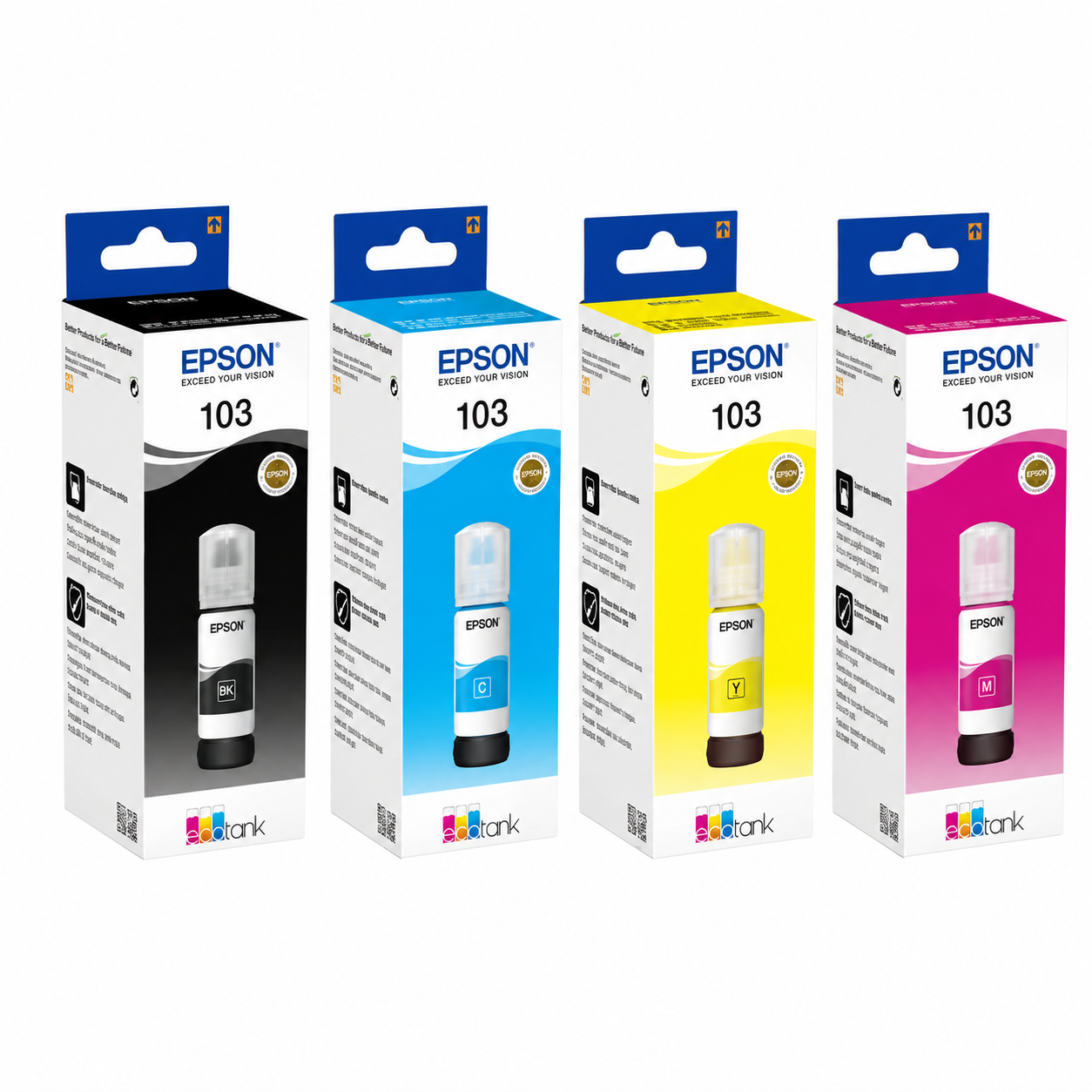 Epson 103 original Eco-Tank ink bottle multipack right-side view showing the 4-color C13T00S64A packaging.