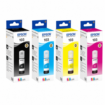 Epson 103 original Eco-Tank ink bottle multipack right-side view showing the 4-color C13T00S64A packaging.