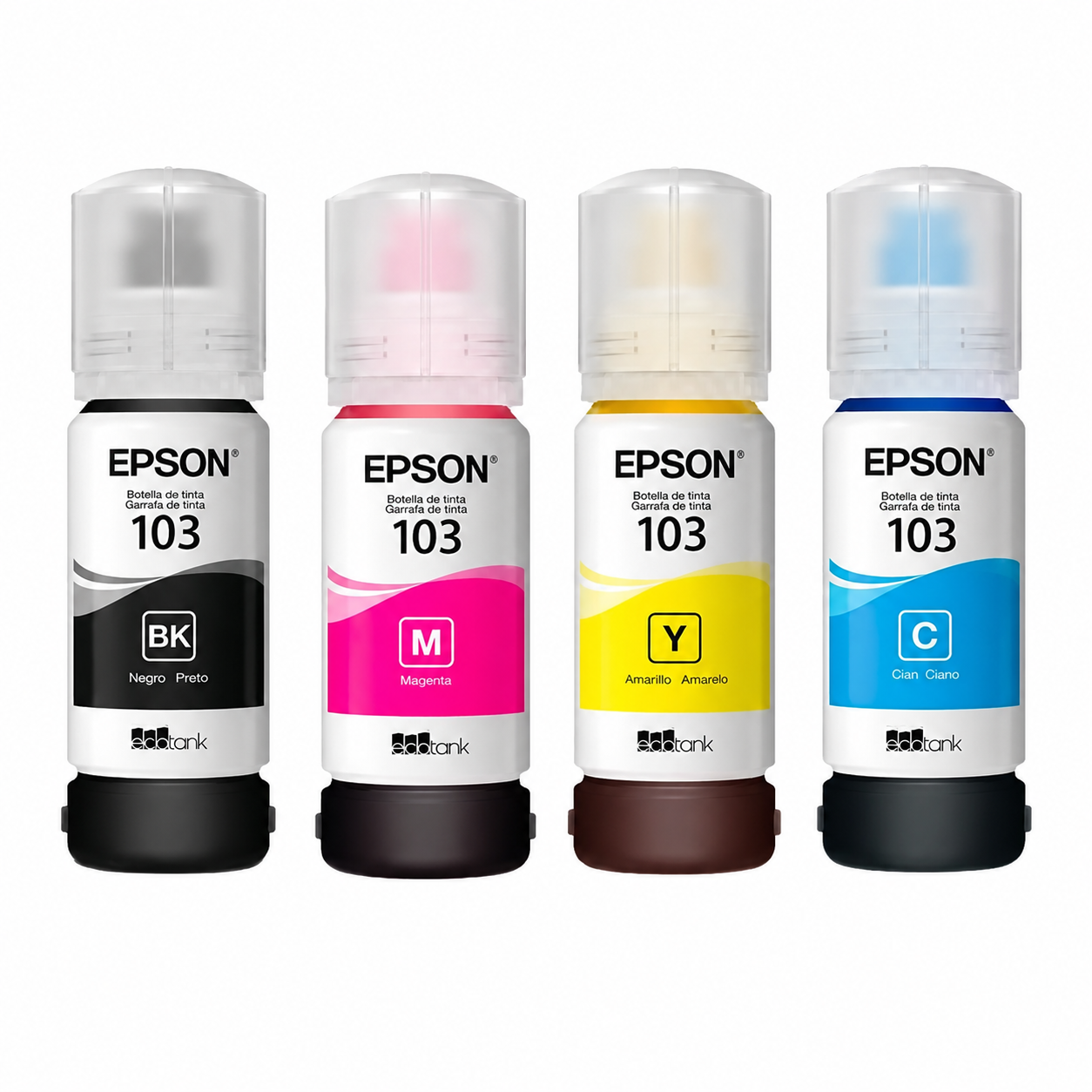 Epson 103 Eco-Tank ink bottle set close-up showing the Black, Cyan, Magenta and Yellow color labels and key-lock refill bottle design.