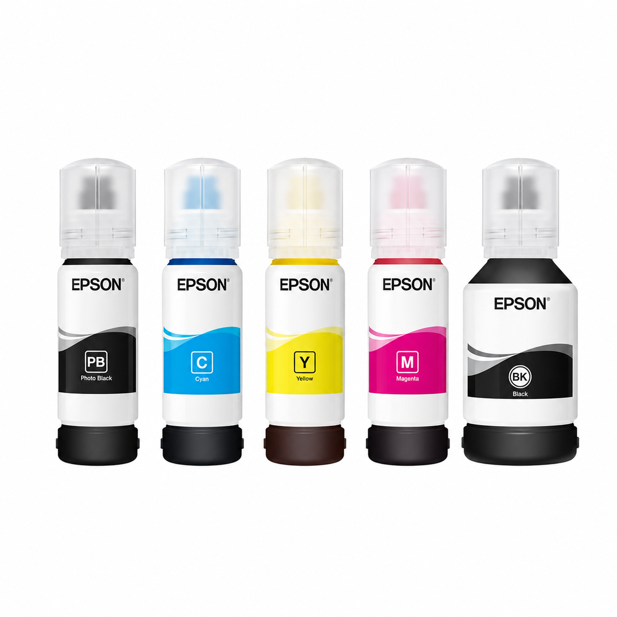 Epson 105 / 106 EcoTank original ink bottles front view showing Black, Cyan, Magenta, Yellow and Photo Black colors.