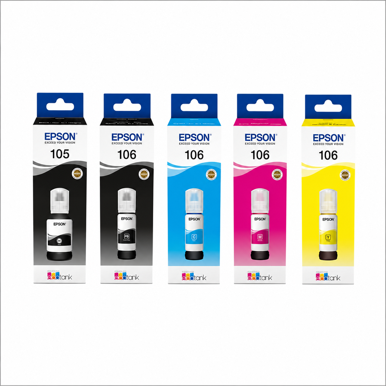 Epson 105 / 106 EcoTank original 5-colour ink bottle set showing Pigment Black, Photo Black, Cyan, Magenta and Yellow.