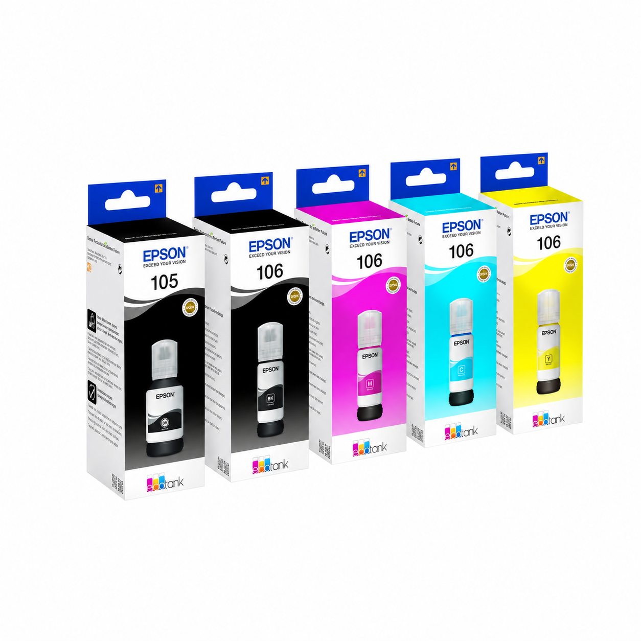 Epson 105 / 106 EcoTank genuine ink set in retail packaging with five color bottles.