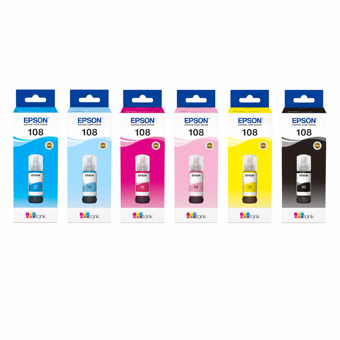 Epson 108 original six-color photo ink bottle set top view showing Black, Cyan, Magenta, Yellow, Light Cyan and Light Magenta EcoTank refill bottles.