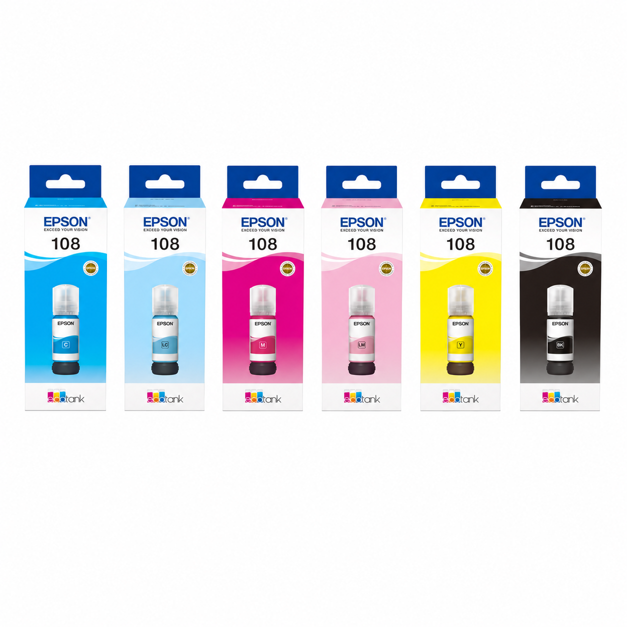 Epson 108 original six-color photo ink bottle set top view showing Black, Cyan, Magenta, Yellow, Light Cyan and Light Magenta EcoTank refill bottles.