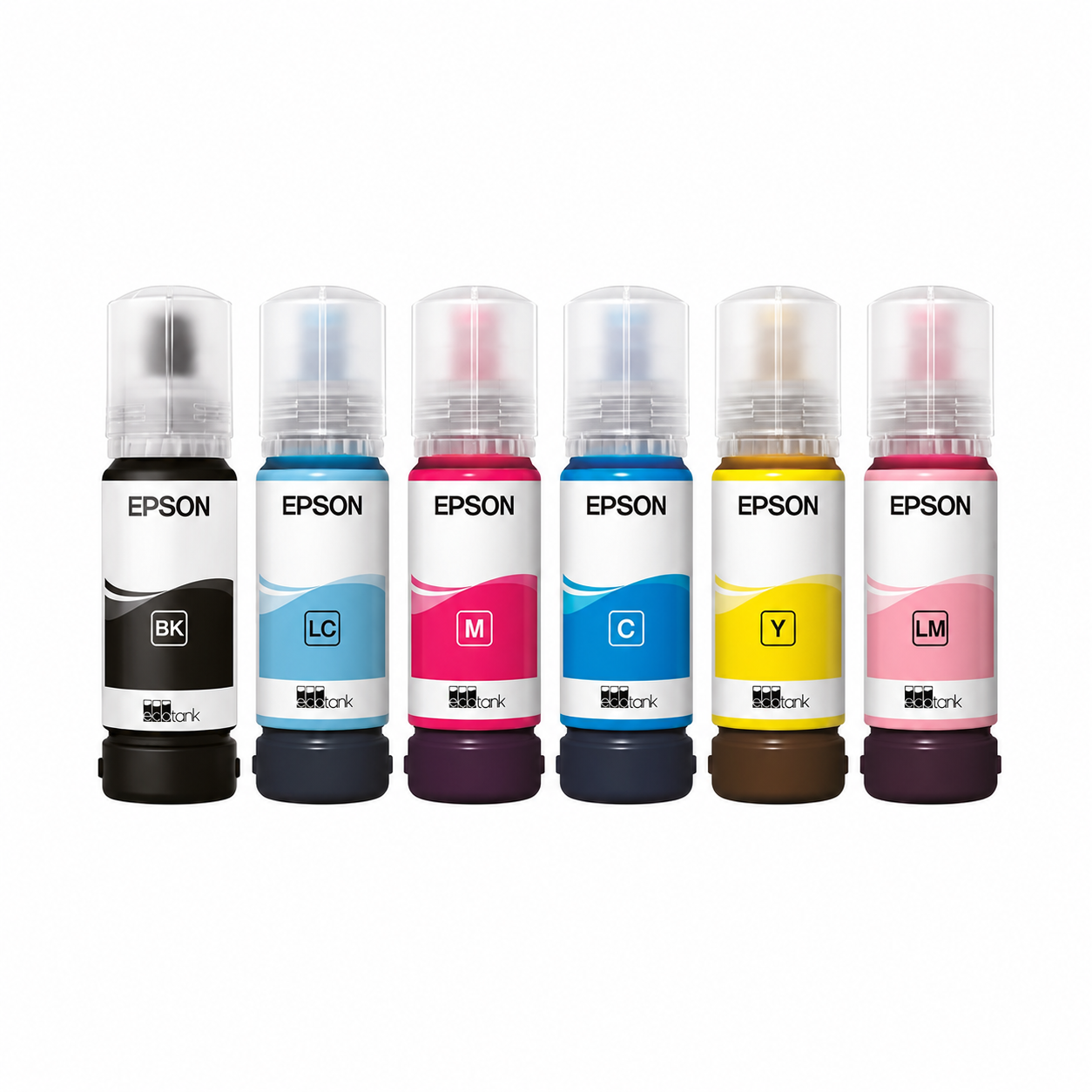 Epson 108 photo ink bottle set close-up showing Light Cyan and Light Magenta bottles alongside Black, Cyan, Magenta and Yellow inks.