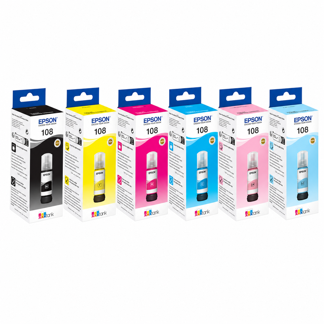 Epson 108 original six-color photo ink bottle set top view showing Black, Cyan, Magenta, Yellow, Light Cyan and Light Magenta EcoTank refill bottles.