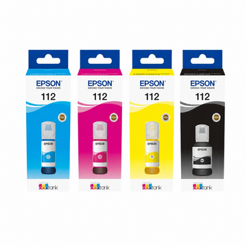 Epson 112 EcoTank original 4-color pigment ink set C13T06C64A top view showing Black, Cyan, Magenta and Yellow refill bottles.