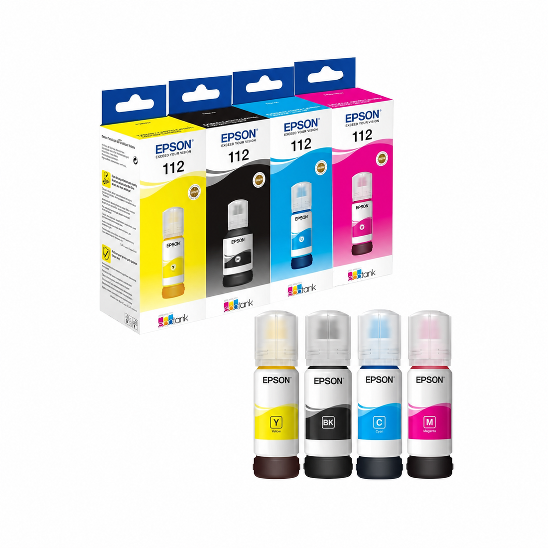 Epson 112 EcoTank original 4-color pigment ink set C13T06C64A top view showing Black, Cyan, Magenta and Yellow refill bottles.