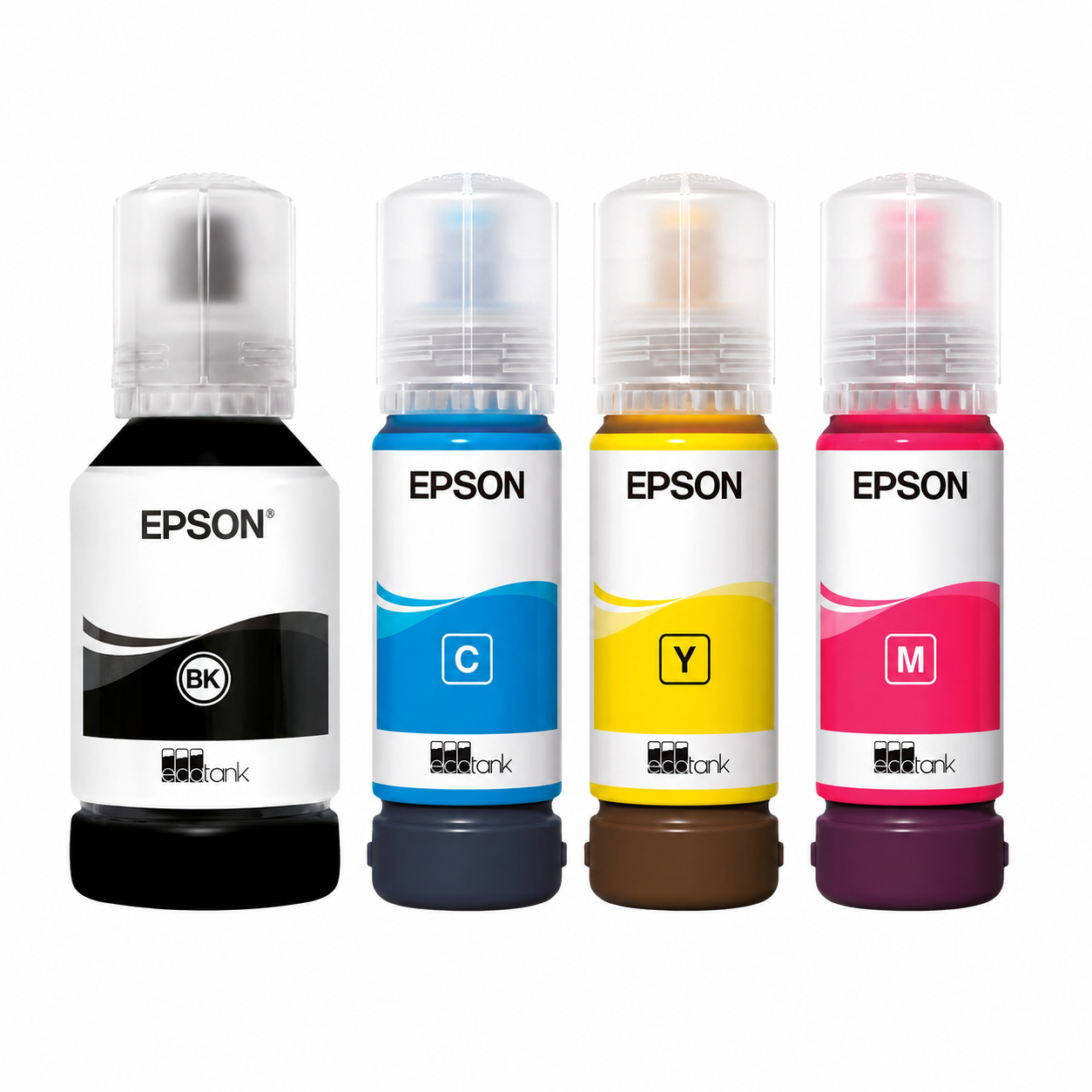 Epson 112 pigment ink bottle set close-up showing the Black, Cyan, Magenta and Yellow color labels and drip-free refill bottle design.