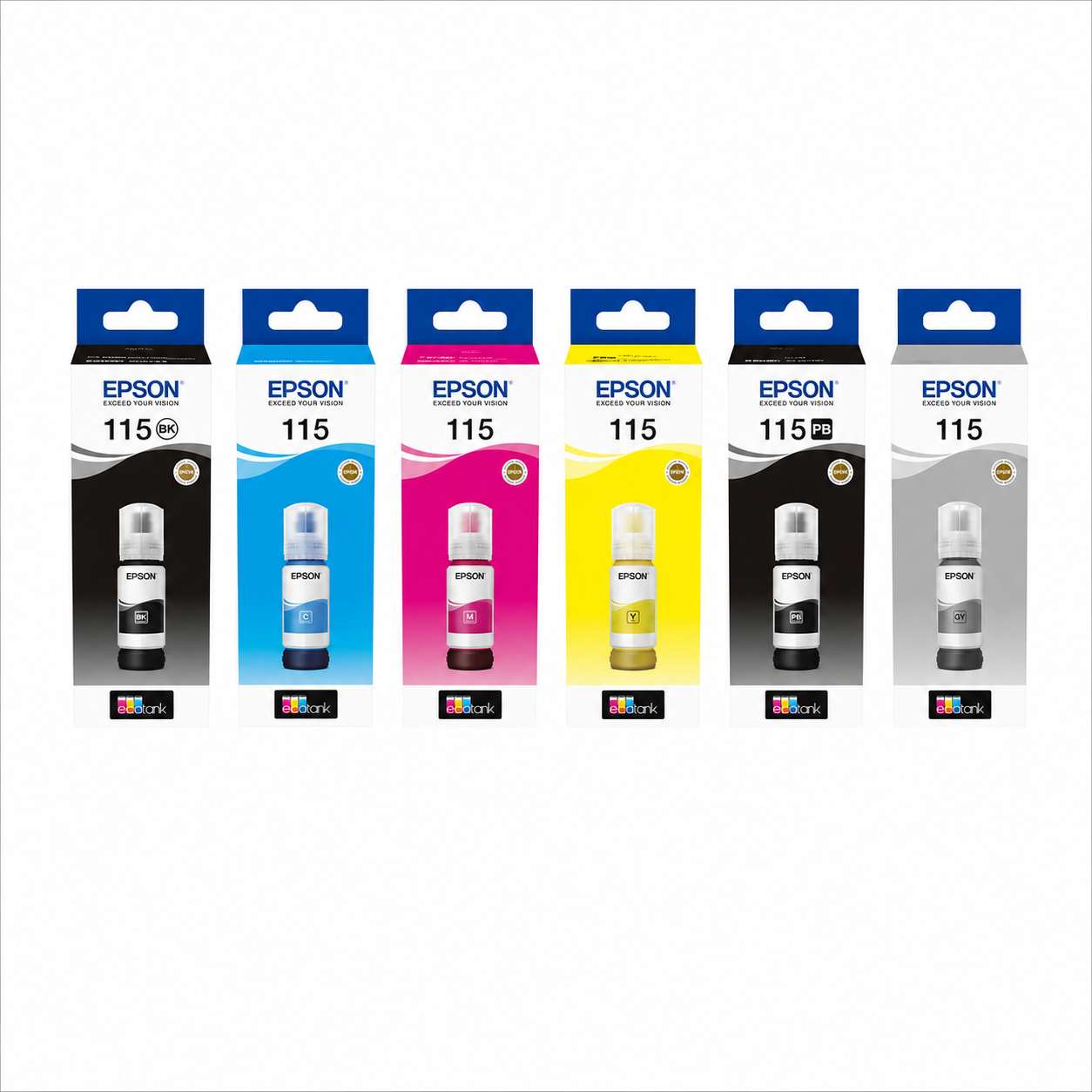 Epson 115 EcoTank original 6-colour ink bottle set showing Pigment Black, Cyan, Magenta, Yellow, Photo Black and Grey inks.