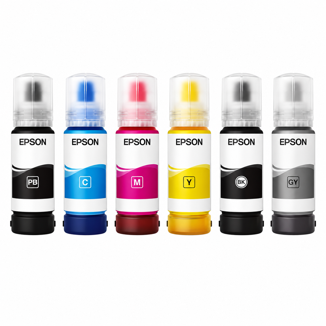 Epson 115 EcoTank original 6-colour ink bottle set showing Pigment Black, Cyan, Magenta, Yellow, Photo Black and Grey inks.