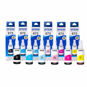 Epson 673 EcoTank photo ink bottle set close-up showing Light Cyan and Light Magenta bottles with Black, Cyan, Magenta and Yellow inks.