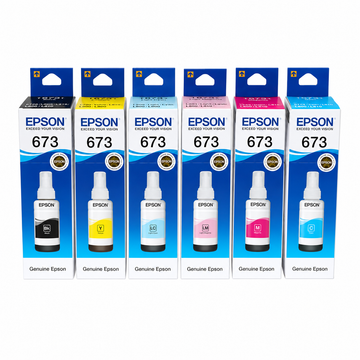 Epson 673 original six-color photo ink bottle set top view showing Black, Cyan, Magenta, Yellow, Light Cyan and Light Magenta EcoTank refill bottles.