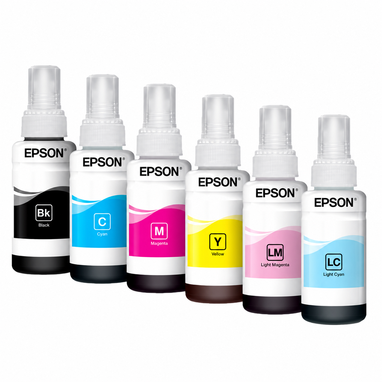 Epson 673 EcoTank photo ink bottle set showing Light Cyan and Light Magenta bottles with Black, Cyan, Magenta and Yellow inks.