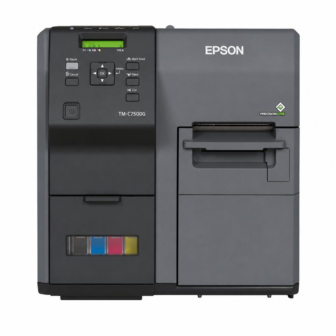 Epson ColorWorks C7500G Industrial Colour Label Printer front view showing control panel, ink status area and label output section.