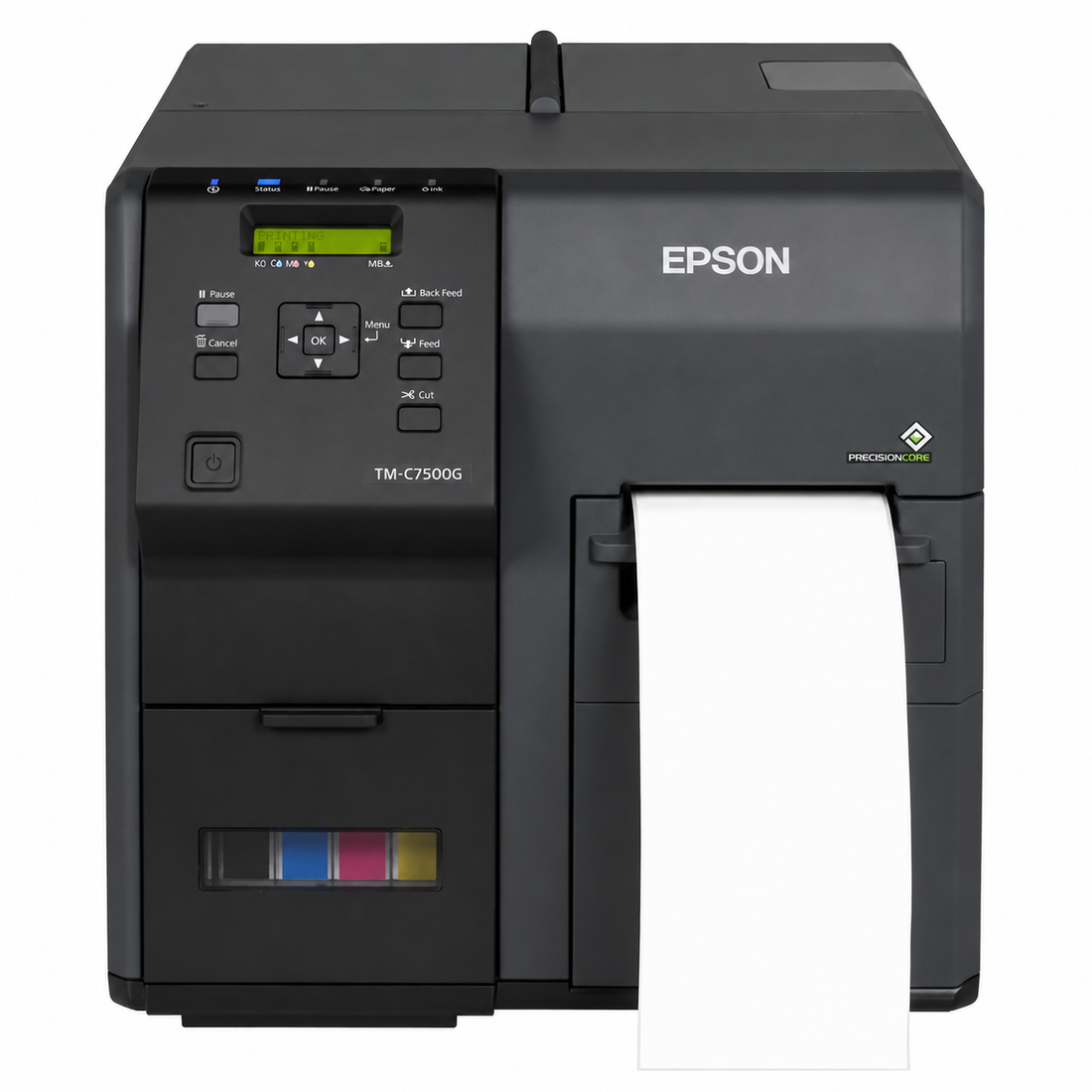 Epson ColorWorks C7500G Industrial Colour Label Printer front view showing control panel, ink status area and label output section.