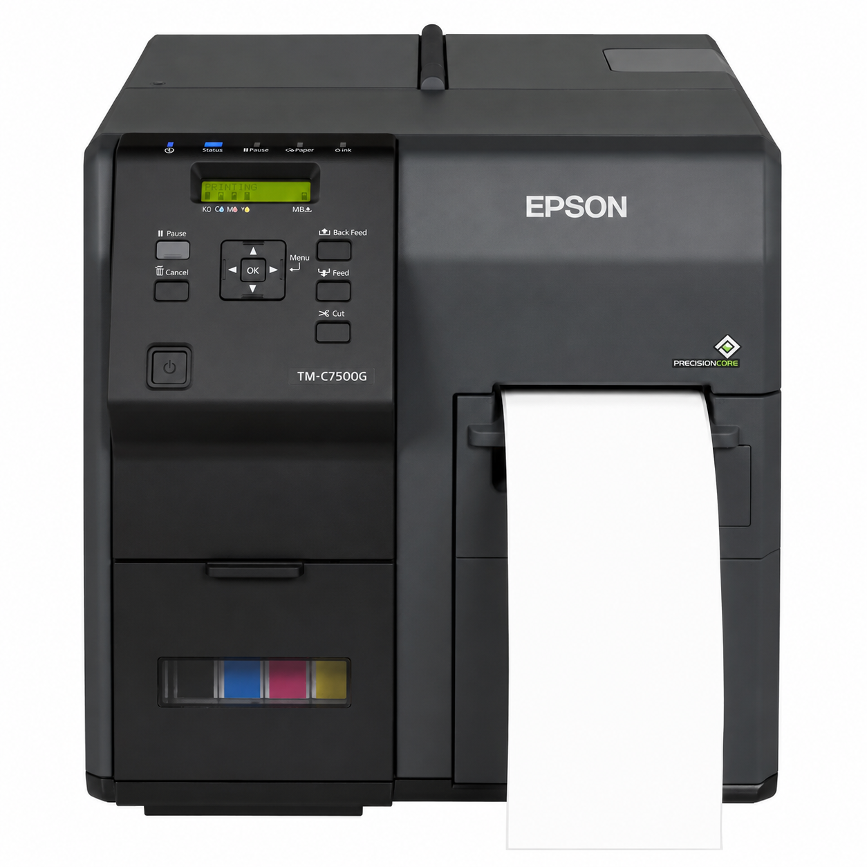 Epson ColorWorks C7500G Industrial Colour Label Printer front angled view showing compact industrial design and media output area.