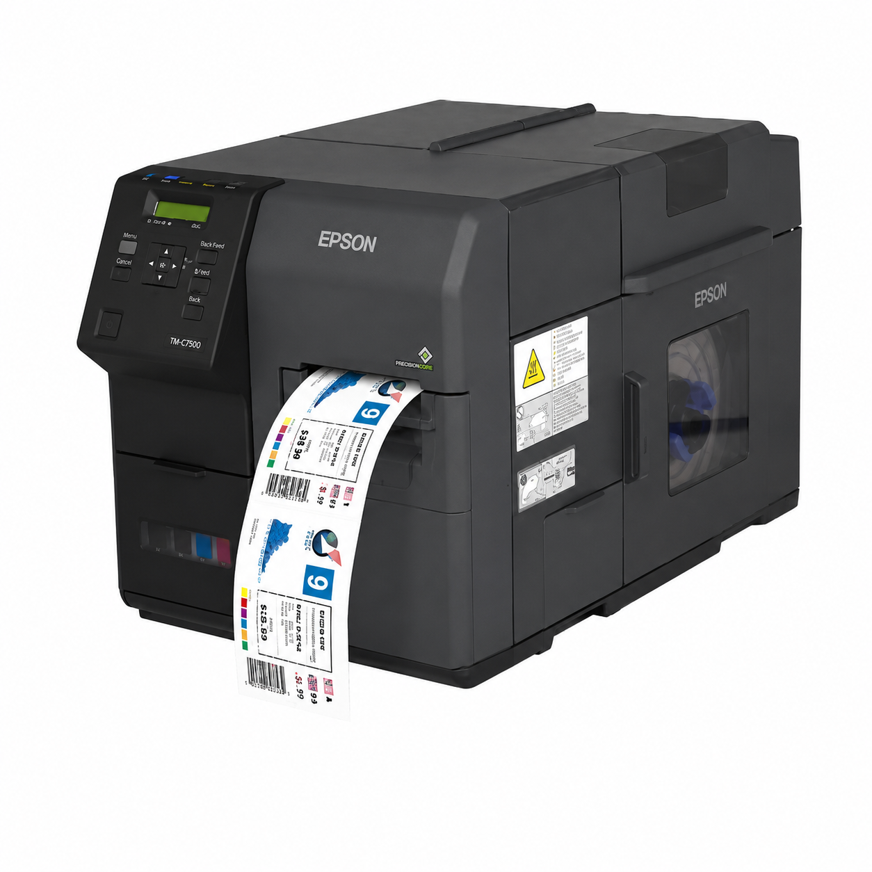 Epson ColorWorks C7500G Industrial Colour Label Printer angled side view printing full-color product labels.