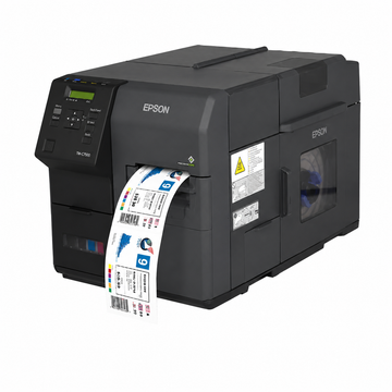 Epson ColorWorks C7500G Industrial Colour Label Printer angled side view printing full-color product labels.