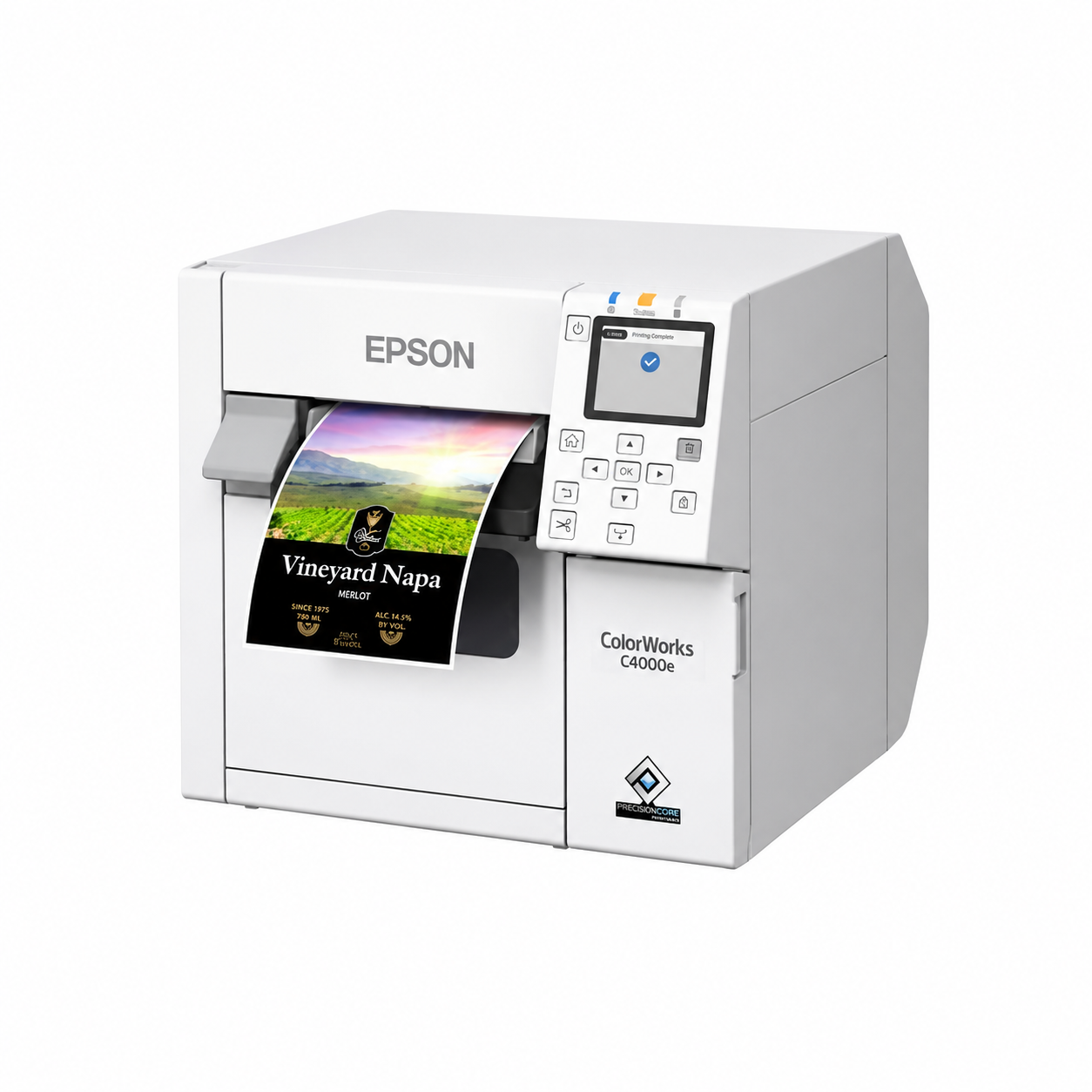 Epson ColorWorks CW-C4000e (BK) Desktop Colour Label Printer angled front view printing a full-color product label.