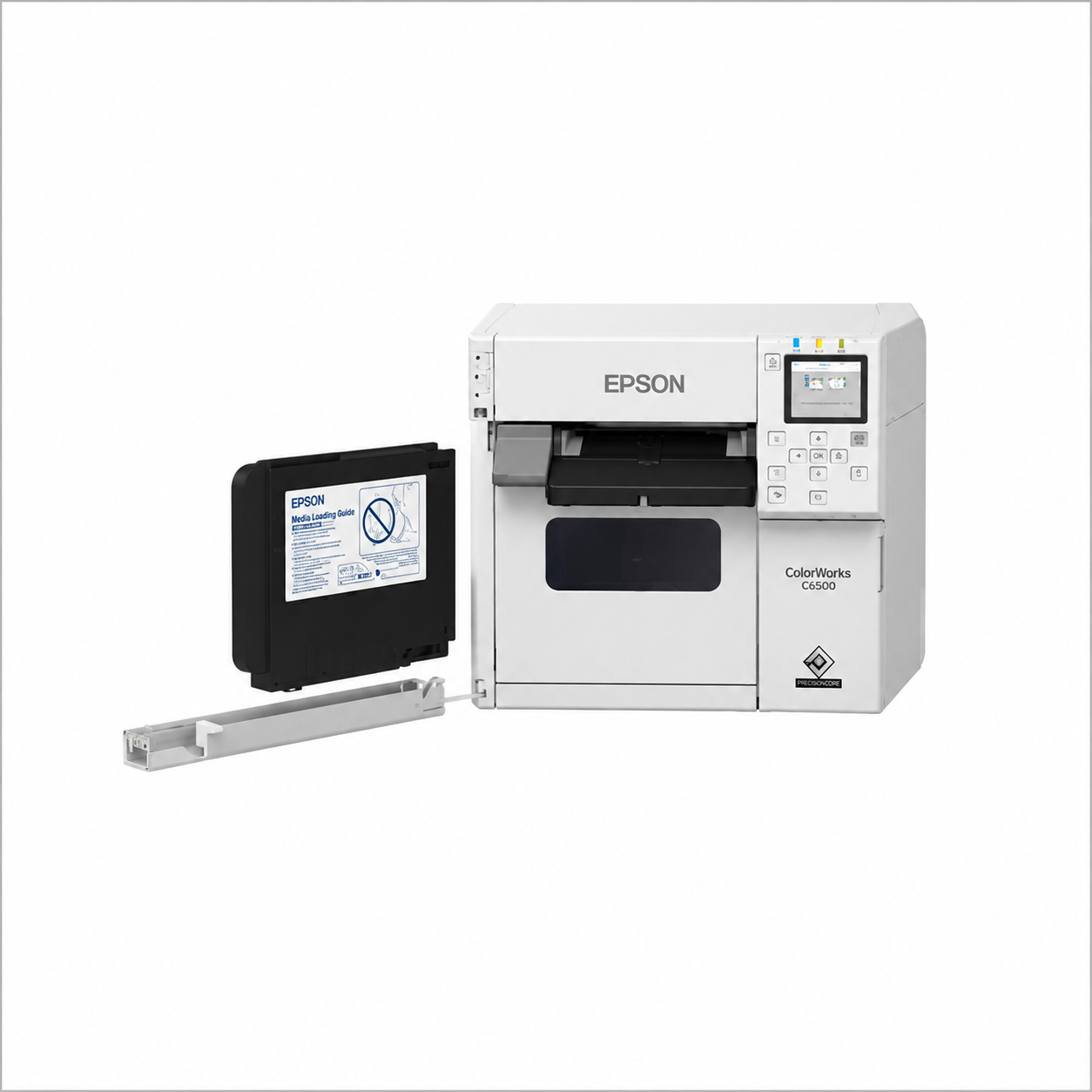 Epson ColorWorks CW-C4000e (BK) Colour Label Printer shown with a computer displaying label design and printing workflow.
