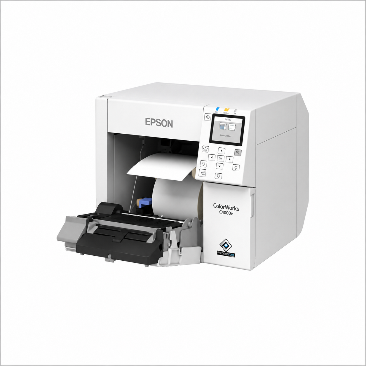 Epson ColorWorks CW-C4000e (BK) Desktop Label Printer angled front view with front media area open.
