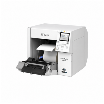Epson ColorWorks CW-C4000e (BK) Desktop Label Printer angled front view with front media area open.