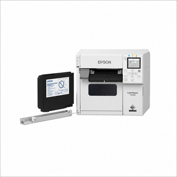 Epson ColorWorks CW-C4000e (MK) Desktop Colour Label Printer shown with a computer displaying label design software.