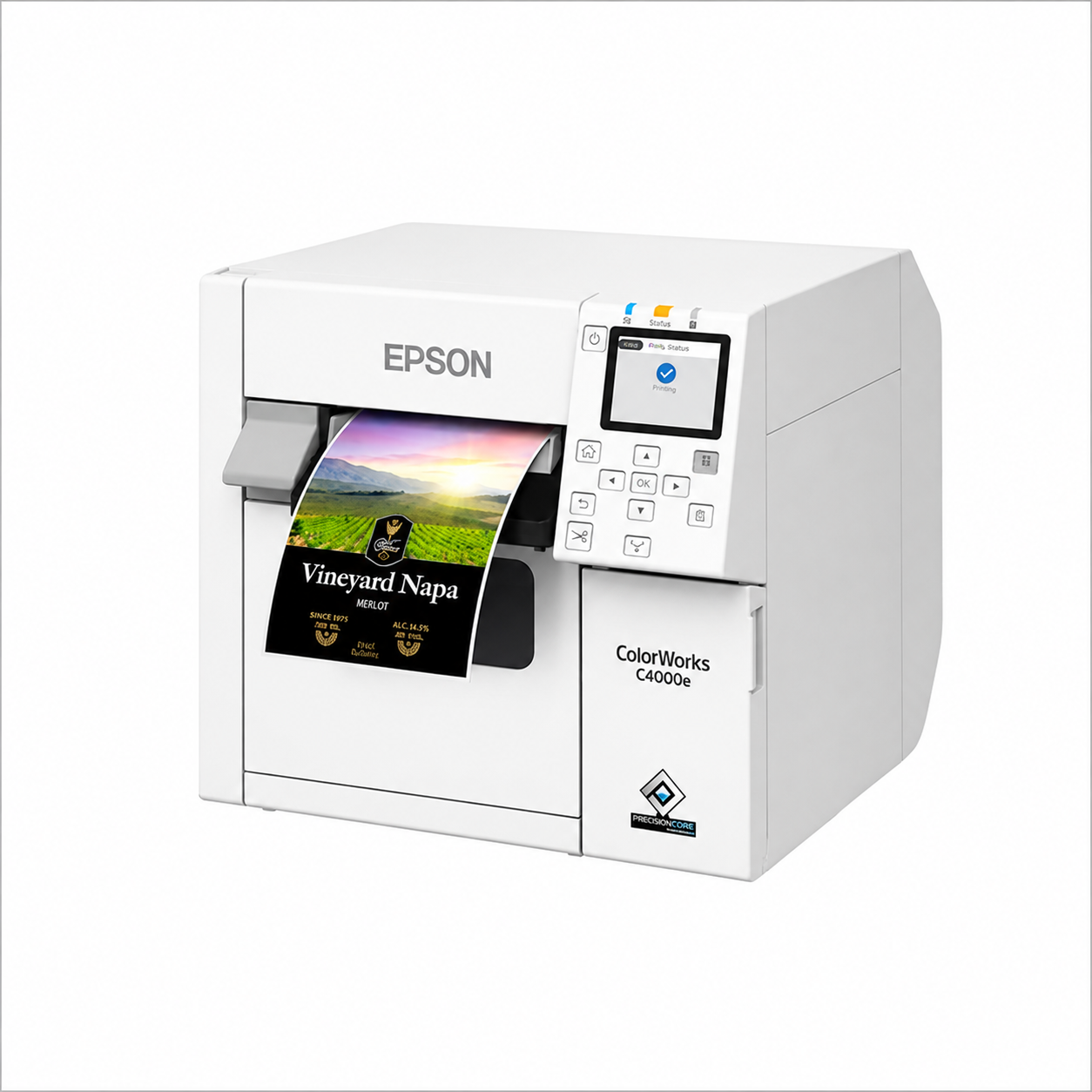 Epson ColorWorks CW-C4000e (MK) Colour Label Printer angled front view printing a full-color product label.