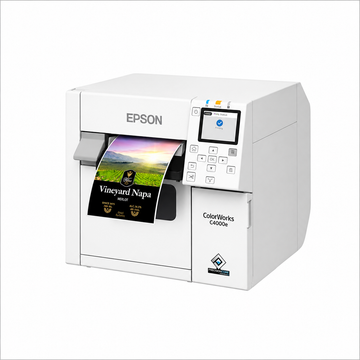 Epson ColorWorks CW-C4000e (MK) Colour Label Printer angled front view printing a full-color product label.