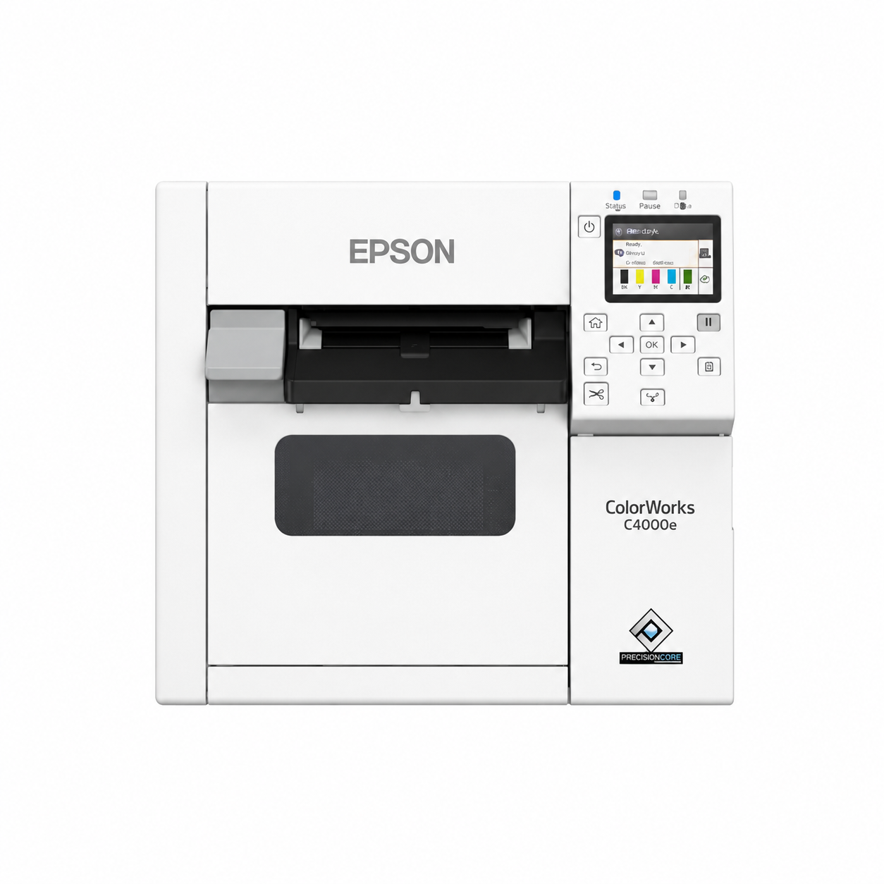 Epson ColorWorks CW-C4000e (MK) Desktop Label Printer front view showing control panel and label output slot.