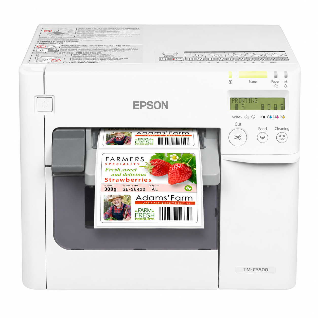 Epson ColorWorks C3500 Colour Label Printer angled front view printing a full-color product label.

