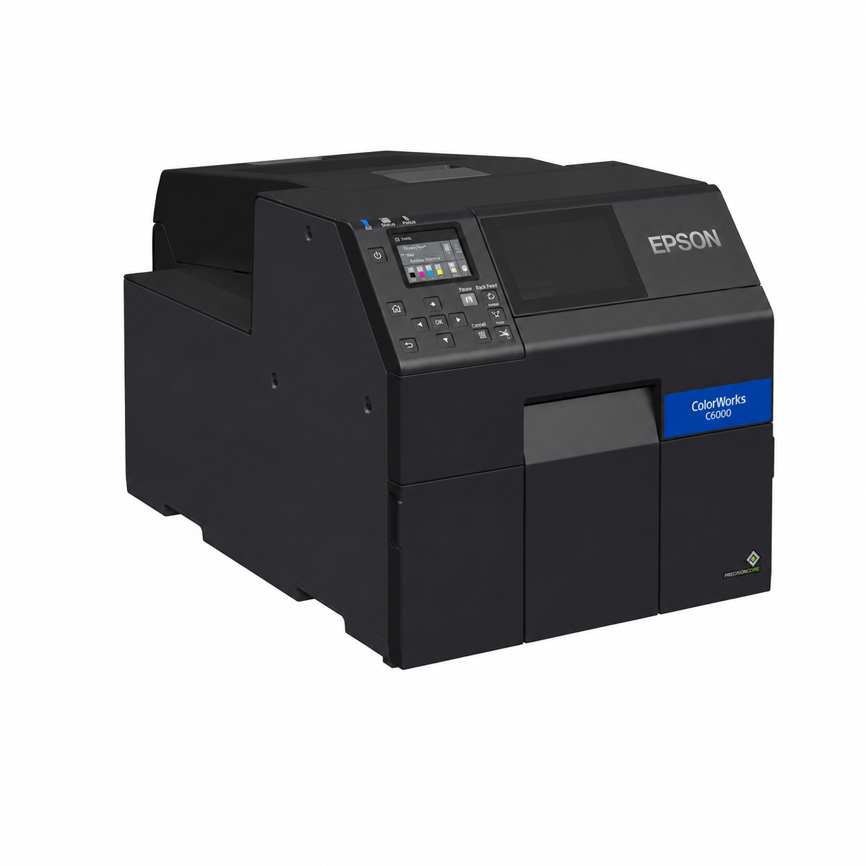 Epson ColorWorks C6000Ae Colour Label Printer angled front view showing compact industrial label printing design.