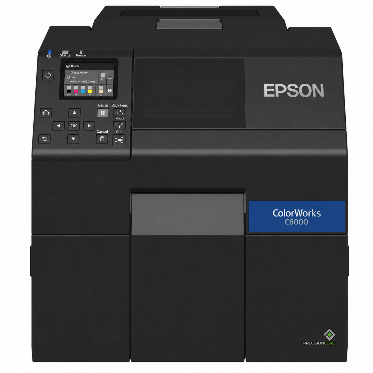 Epson ColorWorks C6000Ae Industrial Colour Label Printer front view showing control panel, display and built-in auto cutter.
