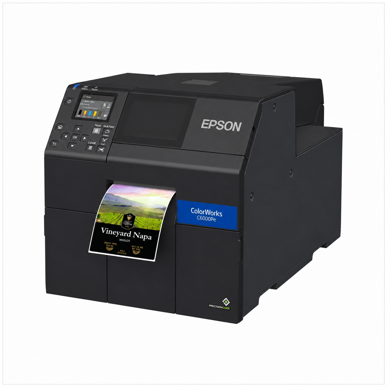 Epson ColorWorks C6000Pe Colour Label Printer angled front view printing a color label with integrated peeler.
