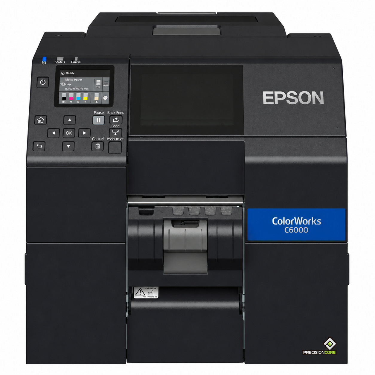 Epson ColorWorks C6000Pe Industrial Colour Label Printer front view showing control panel and built-in peeler mechanism.