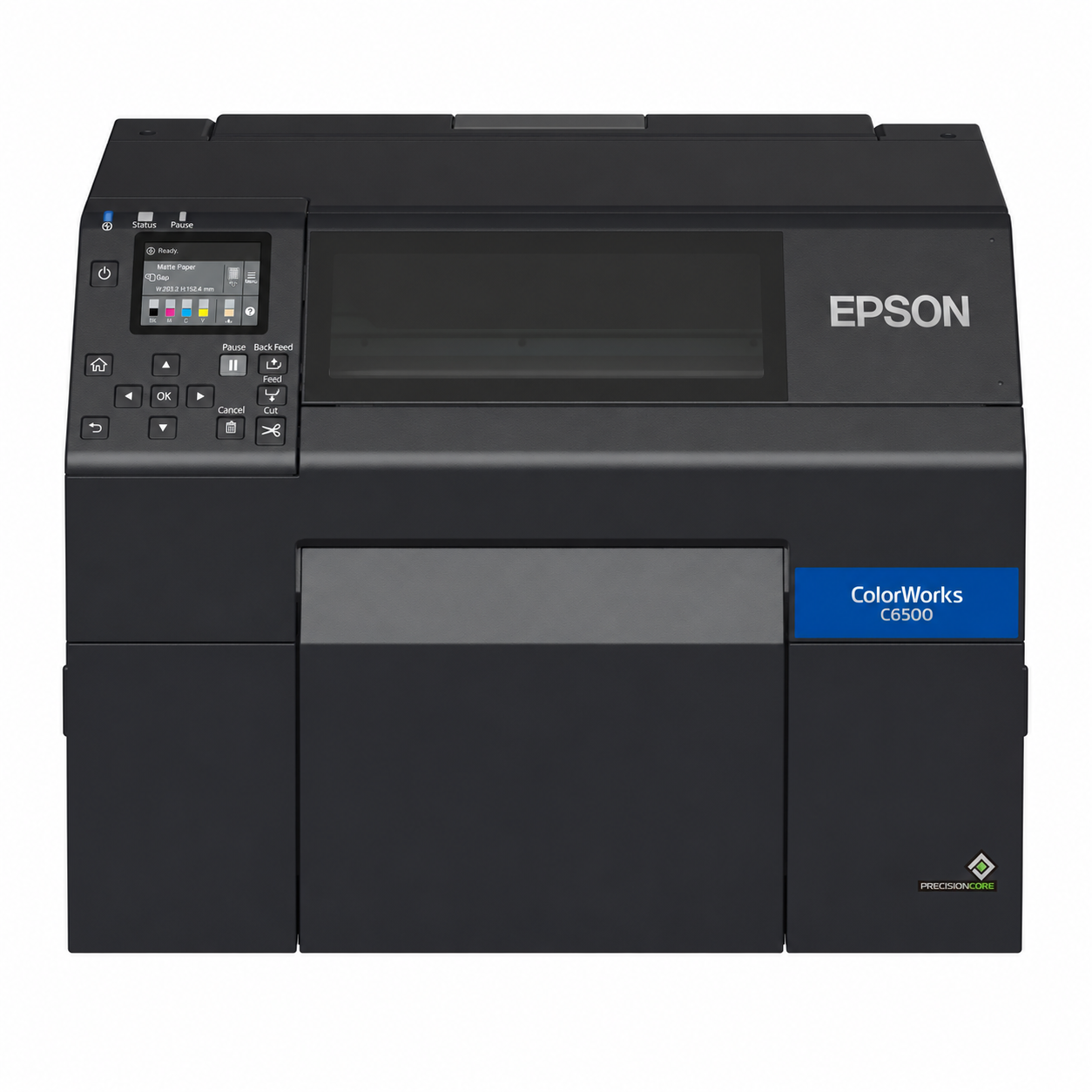 Epson ColorWorks C6500Ae (BK) Industrial Colour Label Printer front view showing control panel and wide-format auto cutter design.