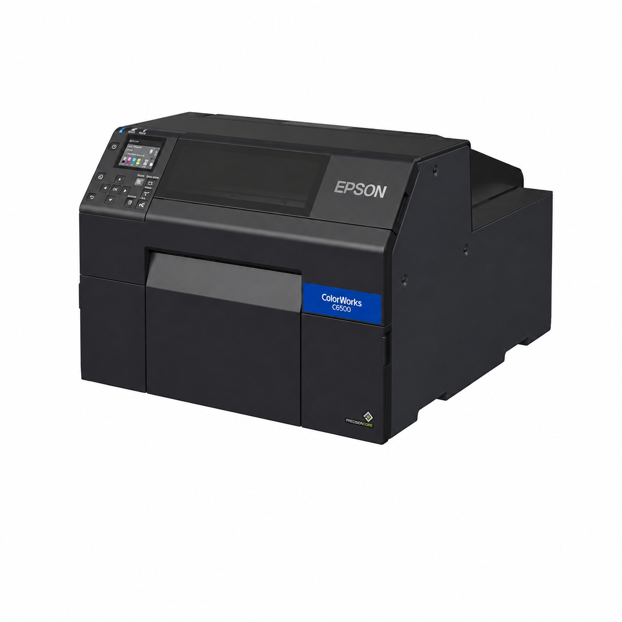 Epson ColorWorks C6500Ae (BK) Colour Label Printer angled front view showing compact industrial label printer design.