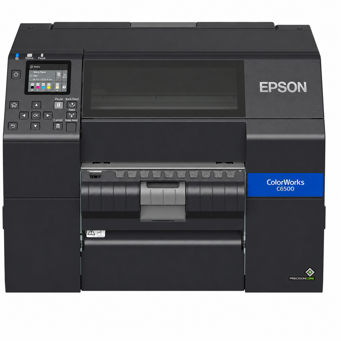 Epson ColorWorks C6500Pe (BK) Industrial Colour Label Printer front view showing control panel and built-in peeler mechanism.