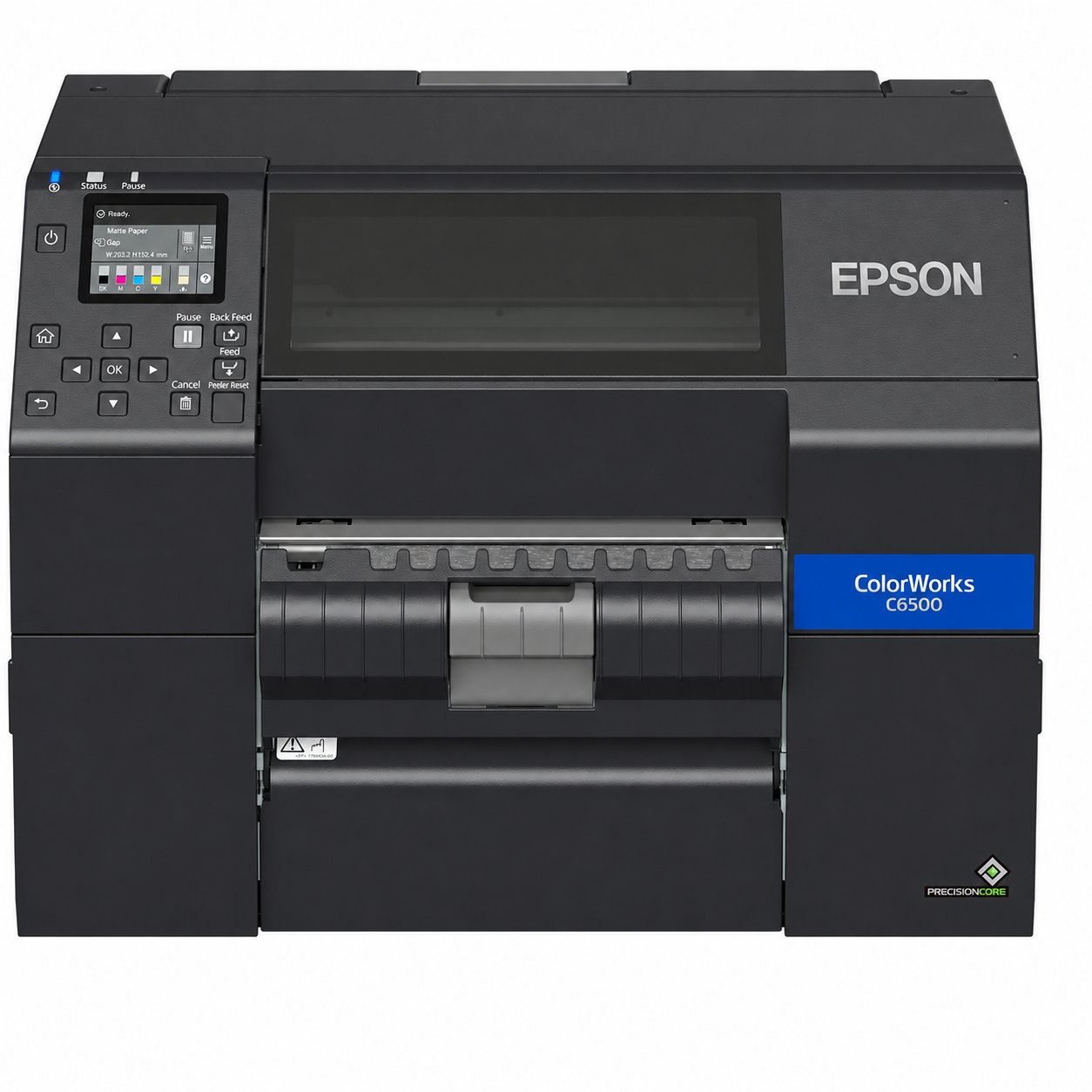 Epson ColorWorks C6500Pe (BK) Industrial Colour Label Printer front view showing control panel and built-in peeler mechanism.