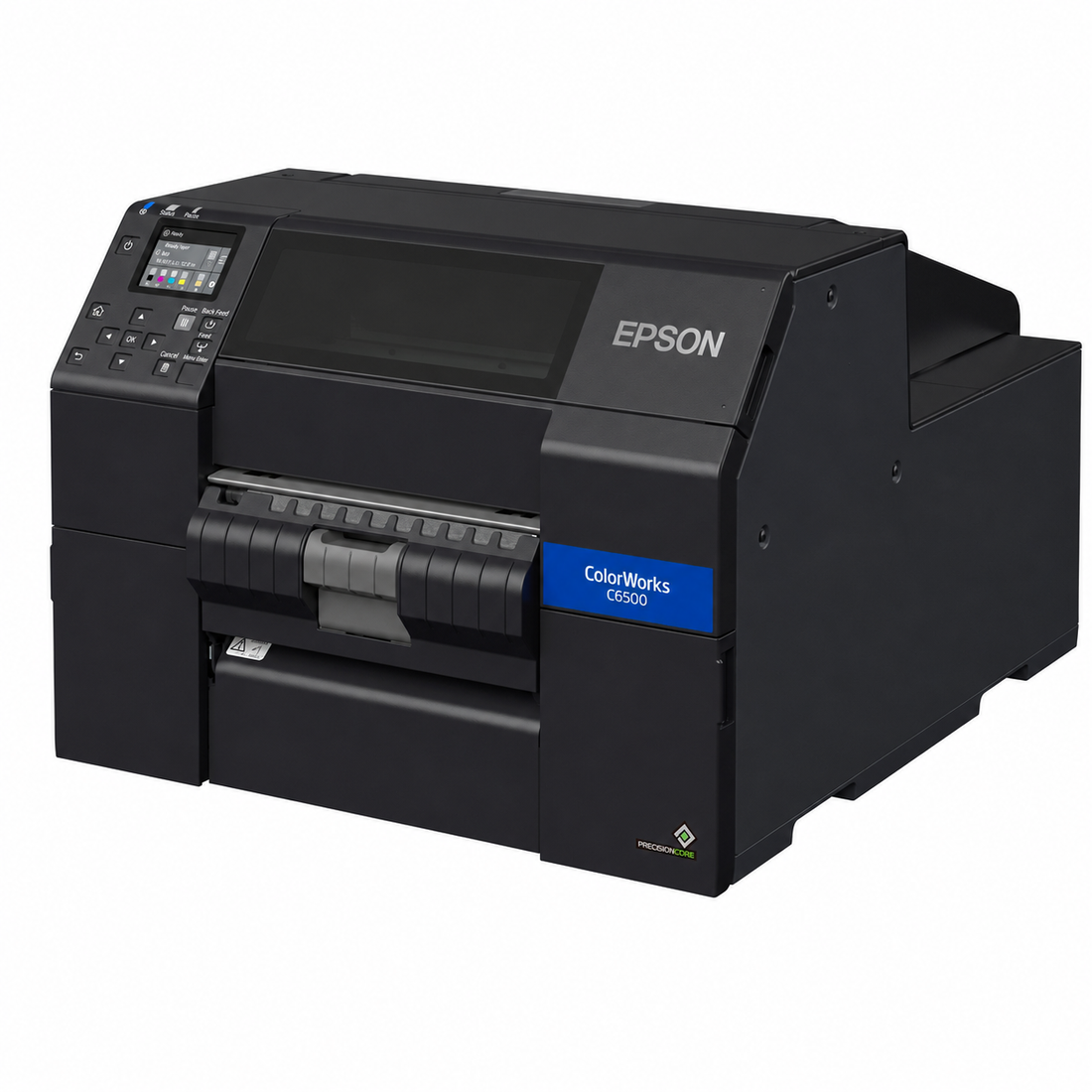 Epson ColorWorks C6500Pe (BK) Industrial Colour Label Printer front view showing control panel and built-in peeler mechanism.