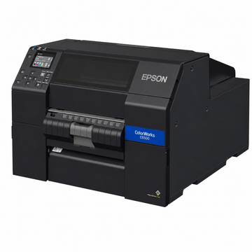 Epson ColorWorks C6500Pe (BK) Colour Label Printer angled front view showing wide-format industrial label printing design.