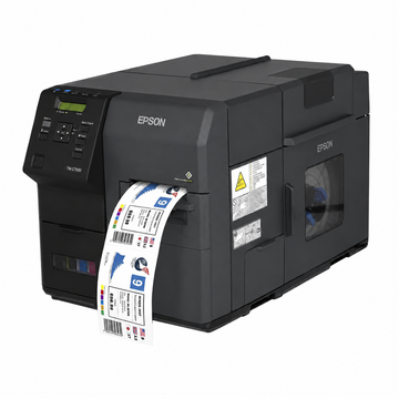 Epson ColorWorks C7500 Industrial Colour Label Printer angled front view printing full-color product labels.