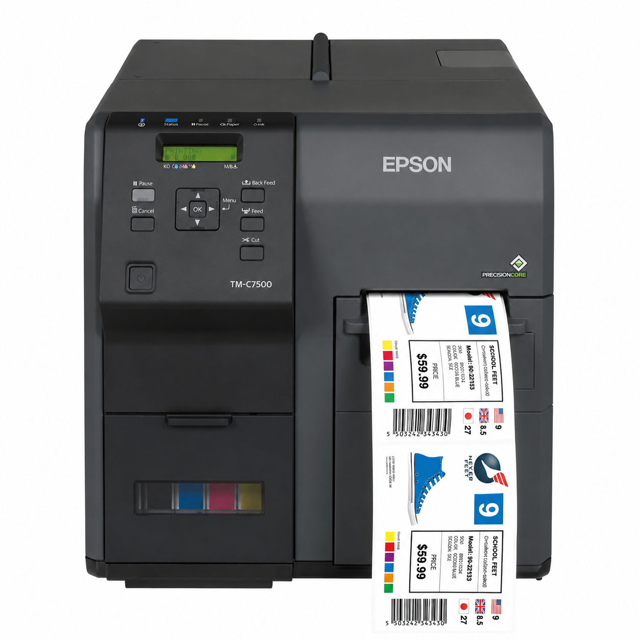 Epson ColorWorks C7500 Industrial Colour Label Printer front view showing control panel and color label output.