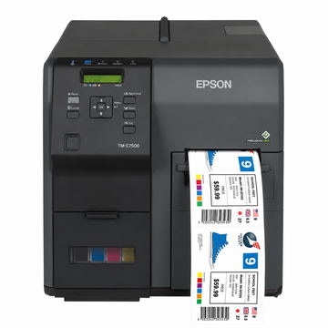 Epson ColorWorks C7500 Industrial Colour Label Printer front view showing control panel and color label output.