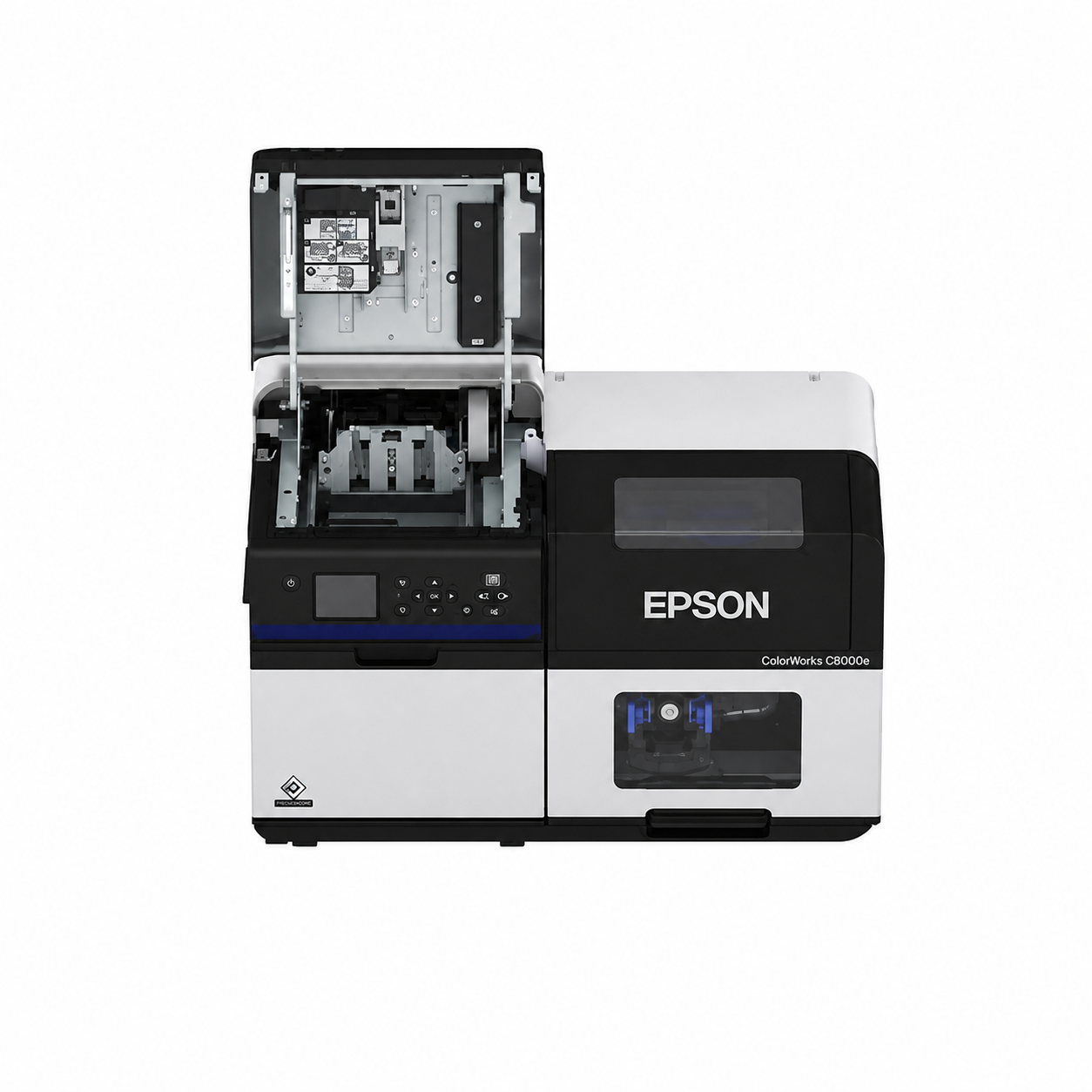 Epson ColorWorks CW-C8000e (BK) Industrial Label Printer top view with upper cover open showing internal media and ink compartments.