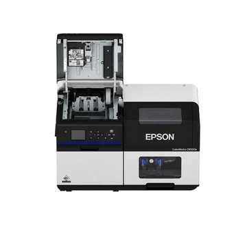 Epson ColorWorks CW-C8000e (BK) Industrial Label Printer top view with upper cover open showing internal media and ink compartments.