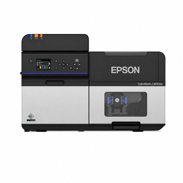 Epson ColorWorks CW-C8000e (MK) Industrial Color Label Printer front view showing control panel, ink system and media window.